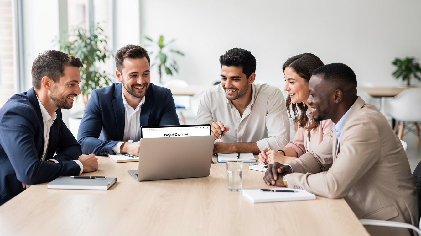 Belgian colleagues collaborating around a laptop in a bright office